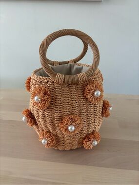 Straw Rattan Bag with Pearl Flower Detailing